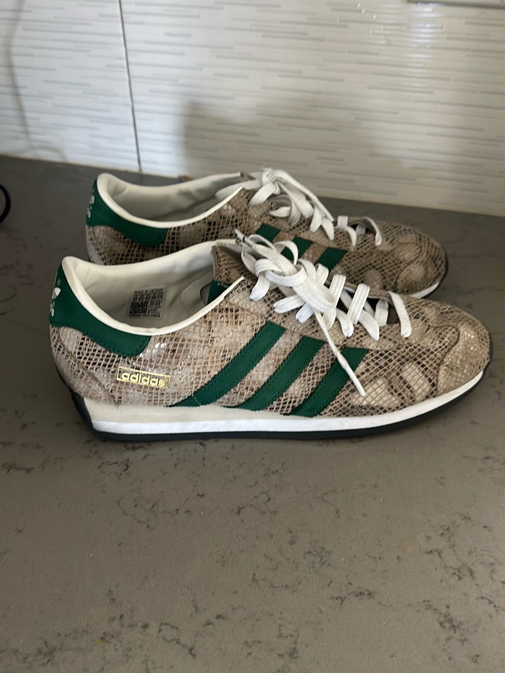 adidas Snake-Print Sneakers with Green Stripes and White Laces